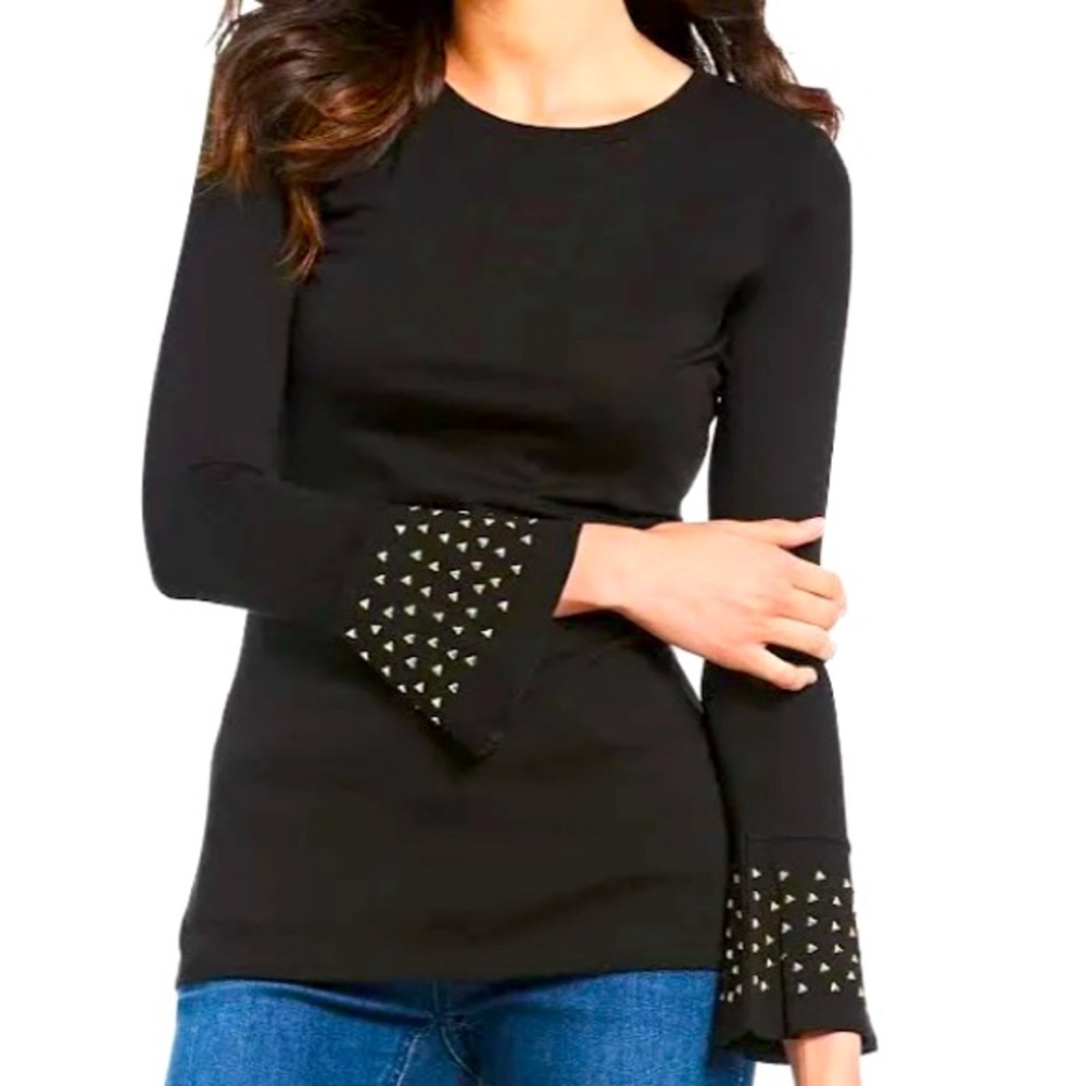 Michael Kors Black Crew Neck Top With Metallic Studded Sleeves Size L